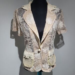 Cartise Women's Short Sleeve Sheer Floral Lace Beaded Blazer Medium Cream Boho
